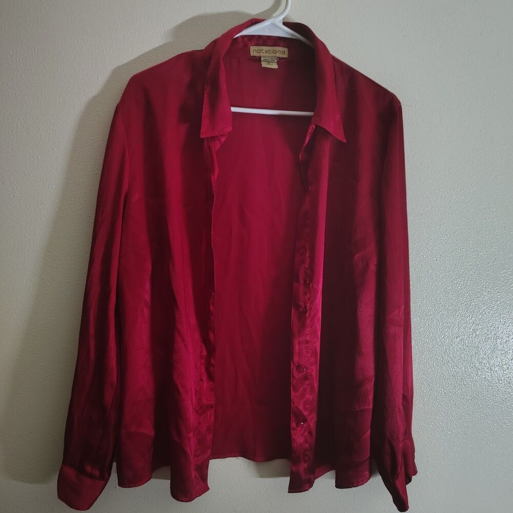Notations Burgundy Red Long Sleeves Blouse 🥼Button Front Lined Size Small